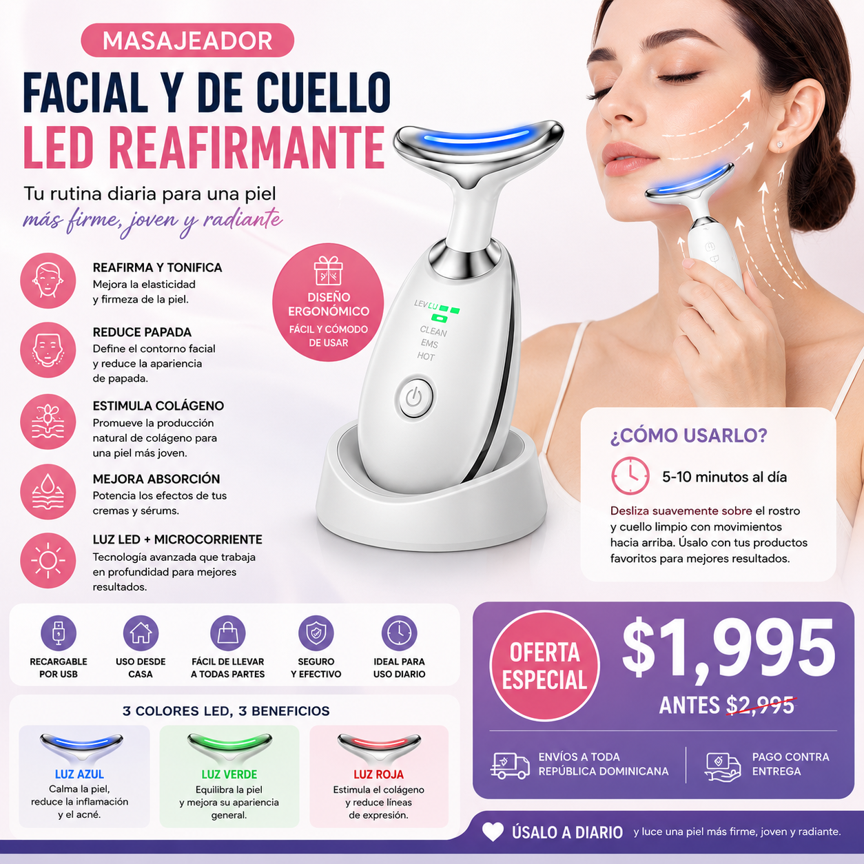 Masajeador Facial y de Cuello LED Reafirmante