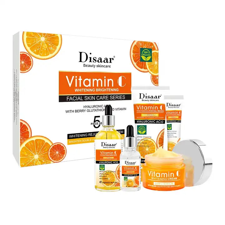 DISAAR BEAUTY® – Kit Facial Vitamina C | 5 en 1 (Crema facial, Limpiador facial, Tónico, Serum & Crema de contorno de ojos)